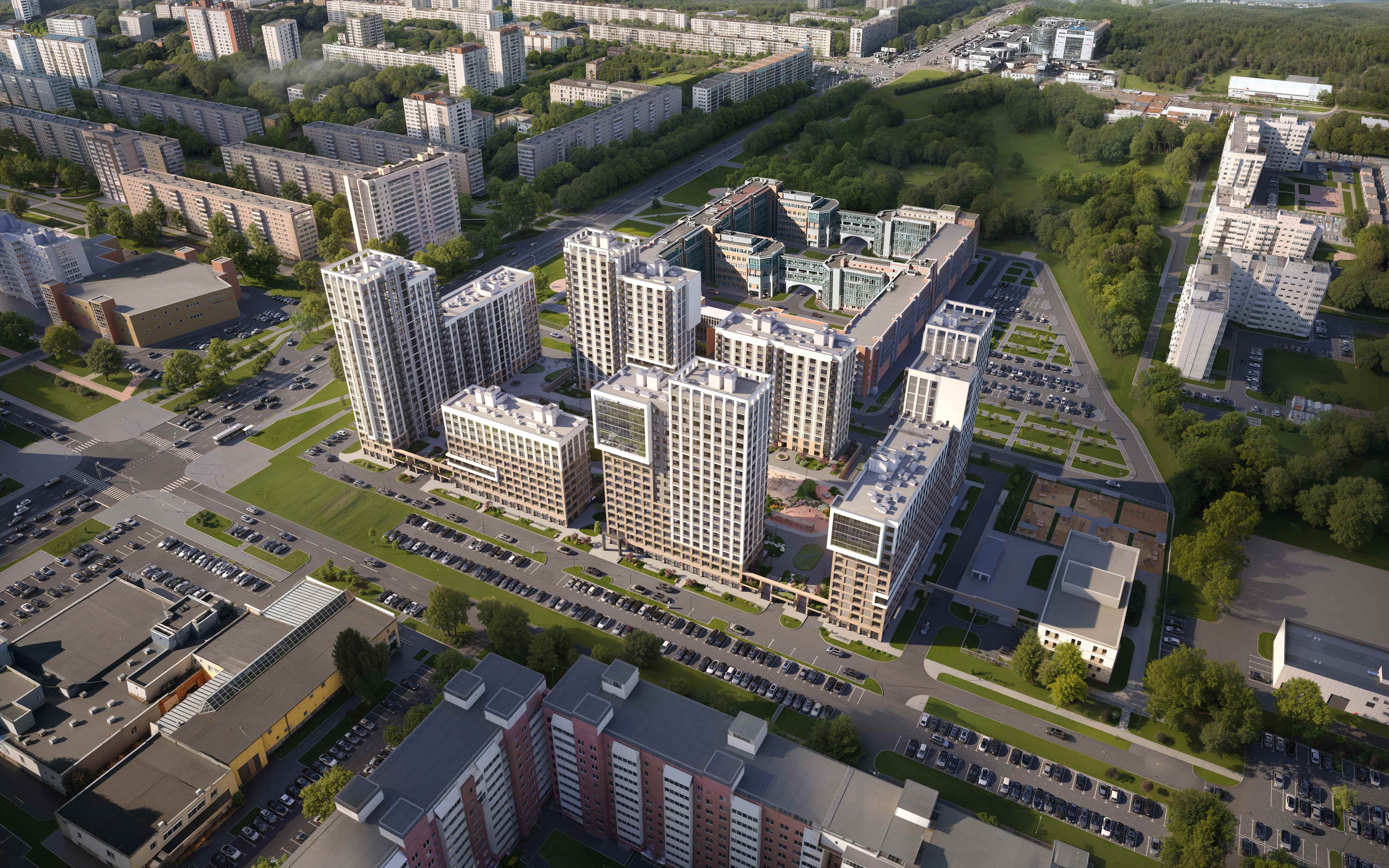 Панорамный вид с высоты птичьего полета на весь жилой комплекс и окружающую инфраструктуру