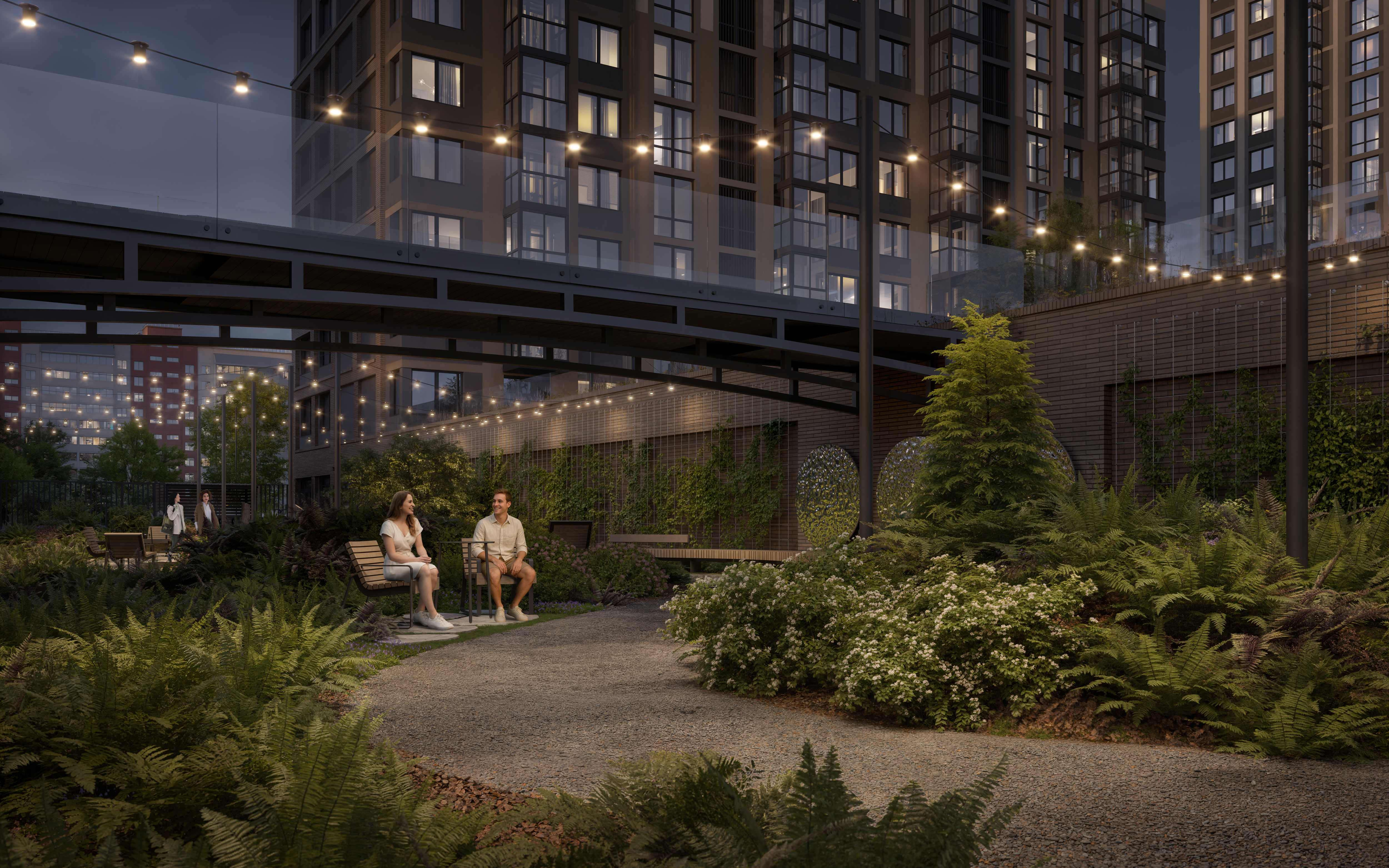 Уютный внутренний двор с вечерним освещением, зелеными насаждениями и зонами отдыха для жителей