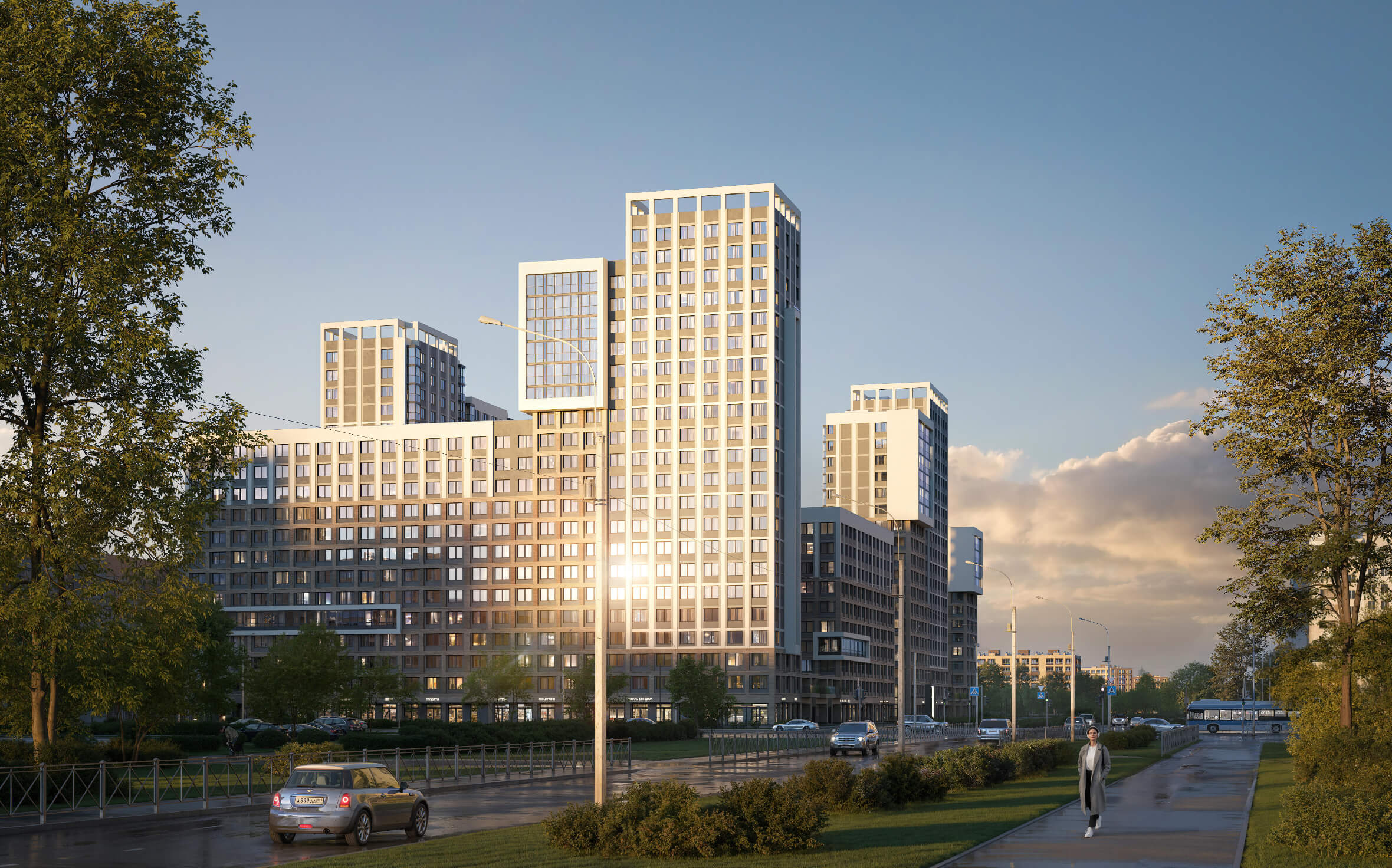 Современный жилой комплекс Гений в Невском районе Санкт-Петербурга - архитектурный вид фасадов зданий переменной этажности