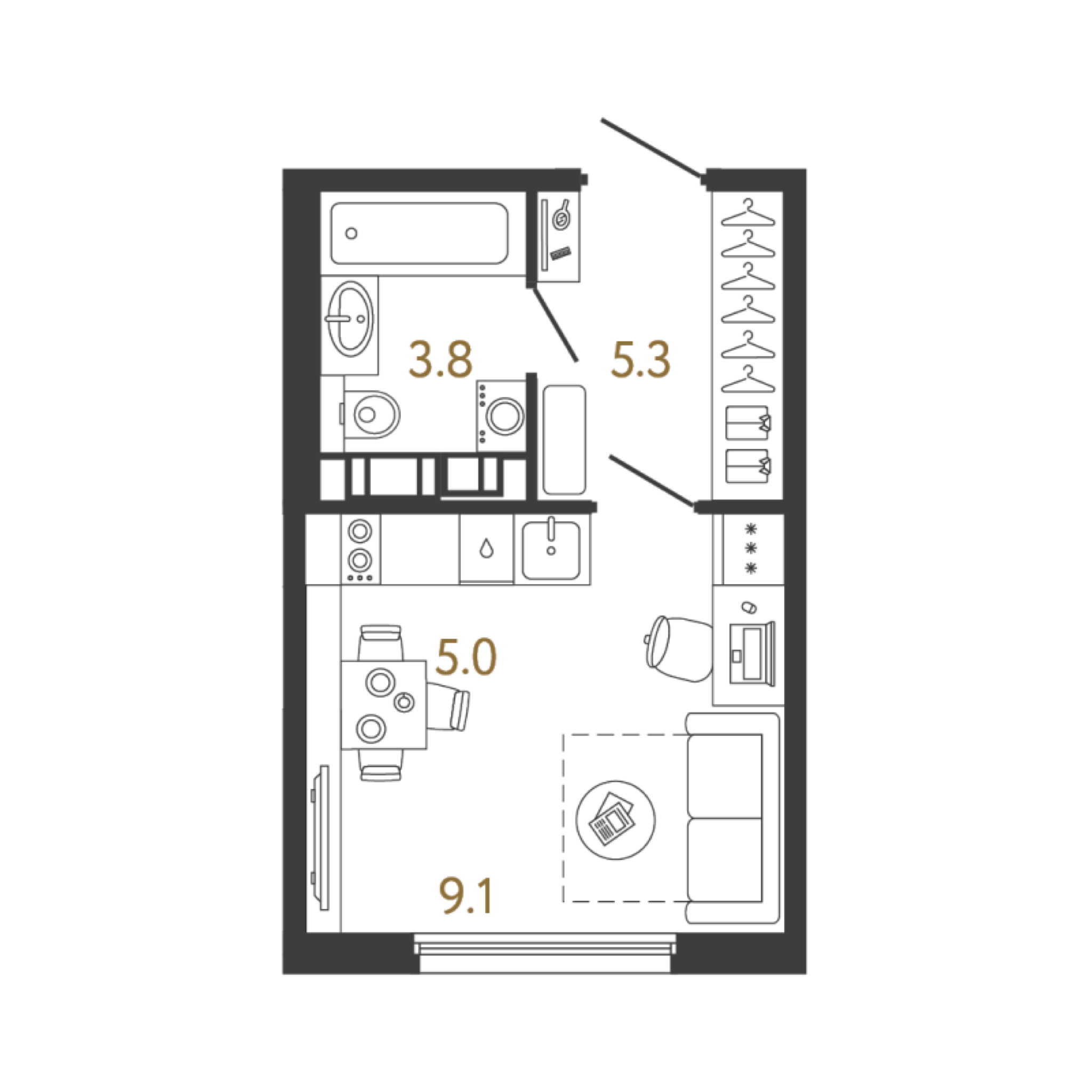 Планировка Студия 23,2 м² в ЖК Гений - Тип планировки: 1C-2B с оптимальным зонированием пространства