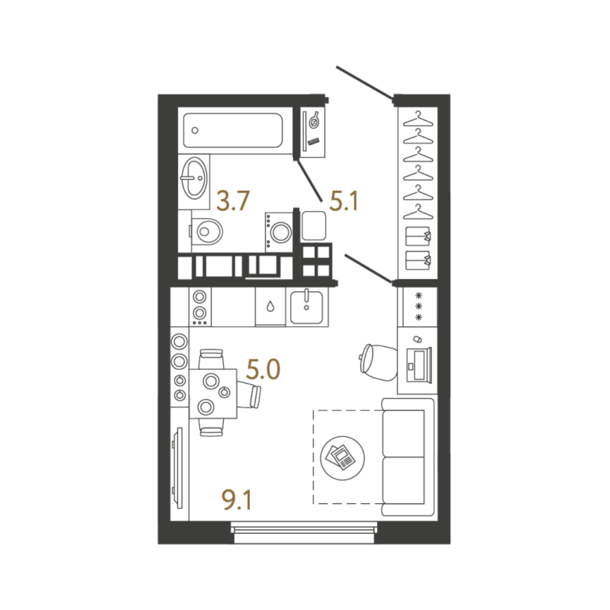 Планировка Студия 22,9 м² в ЖК Гений - Тип планировки: 1C-2A с оптимальным зонированием пространства